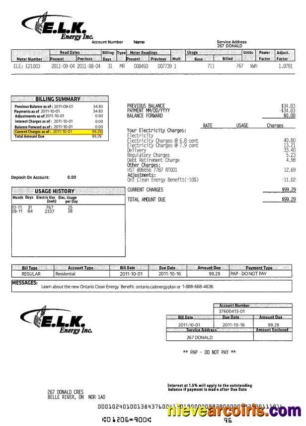 Canada ELK energy utility bill